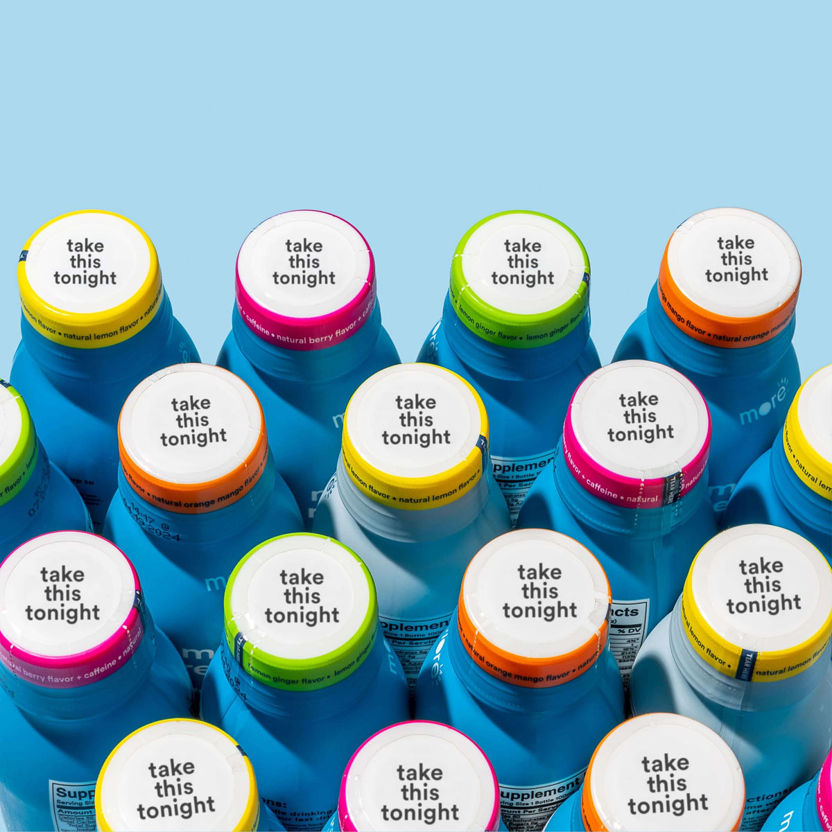 Morning Recovery herbal supplement bottles with colorful caps and labels for next-day support.